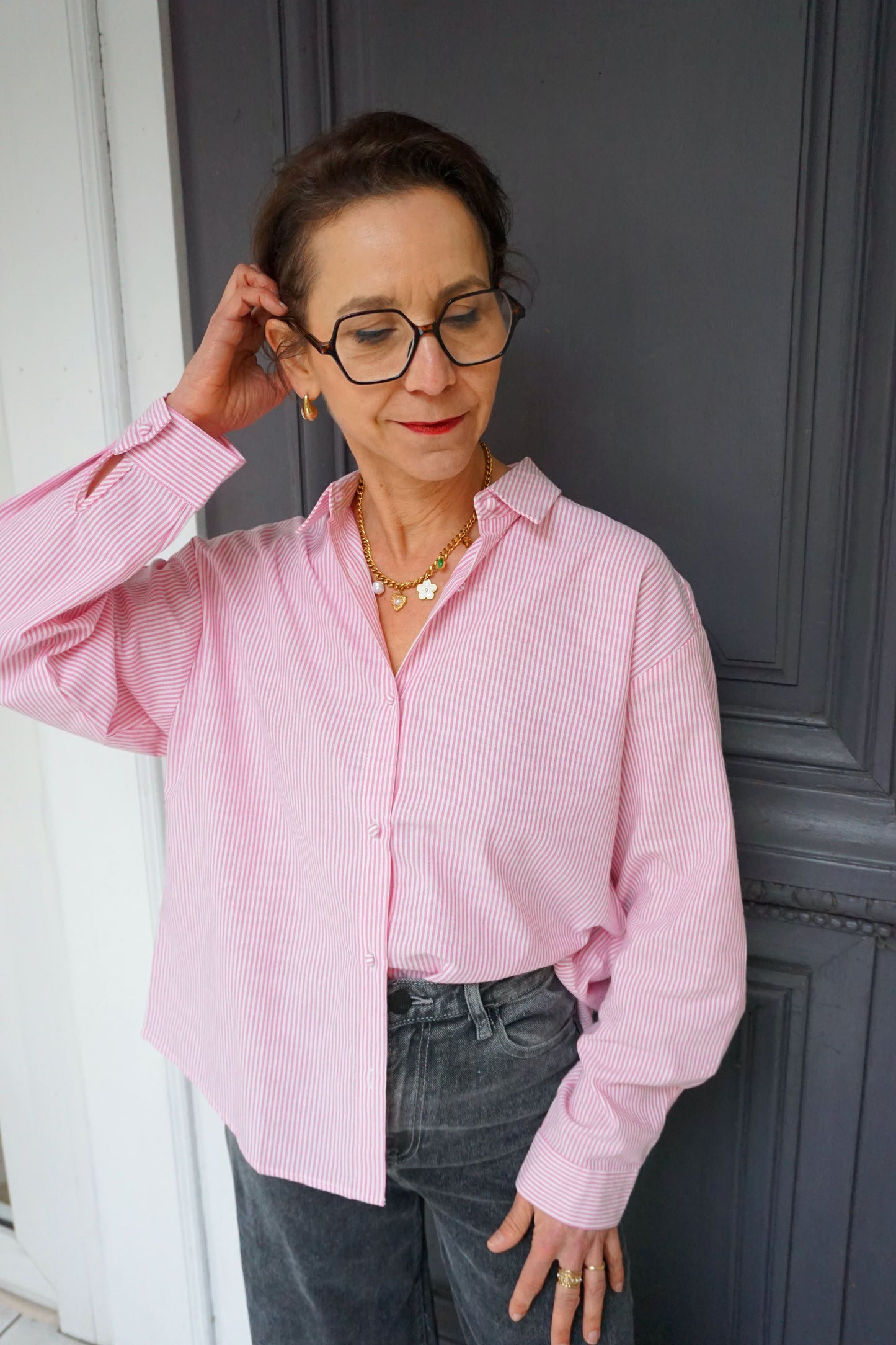 Chemise rose rayée ouverture dos