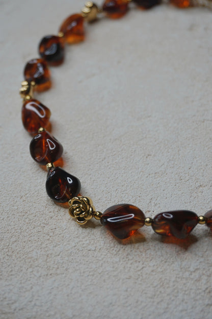 Collier ambré marron et doré