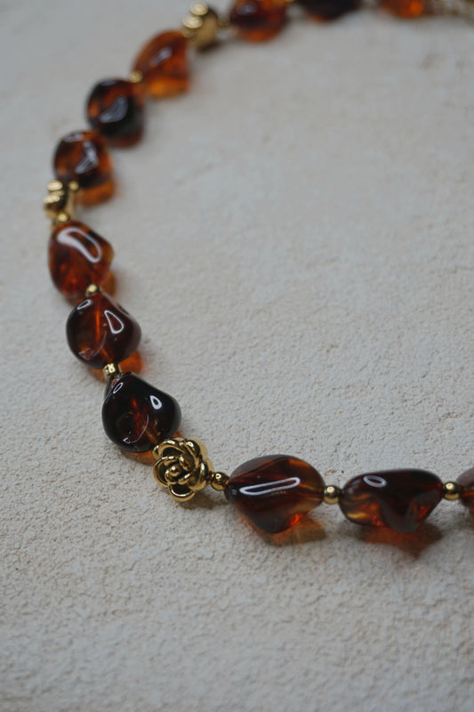 Collier ambré marron et doré