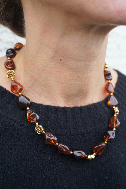 Collier ambré marron et doré