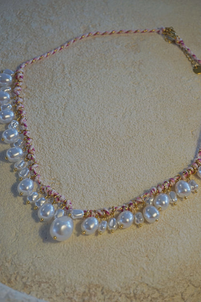 Collier corde tressée et perles rose