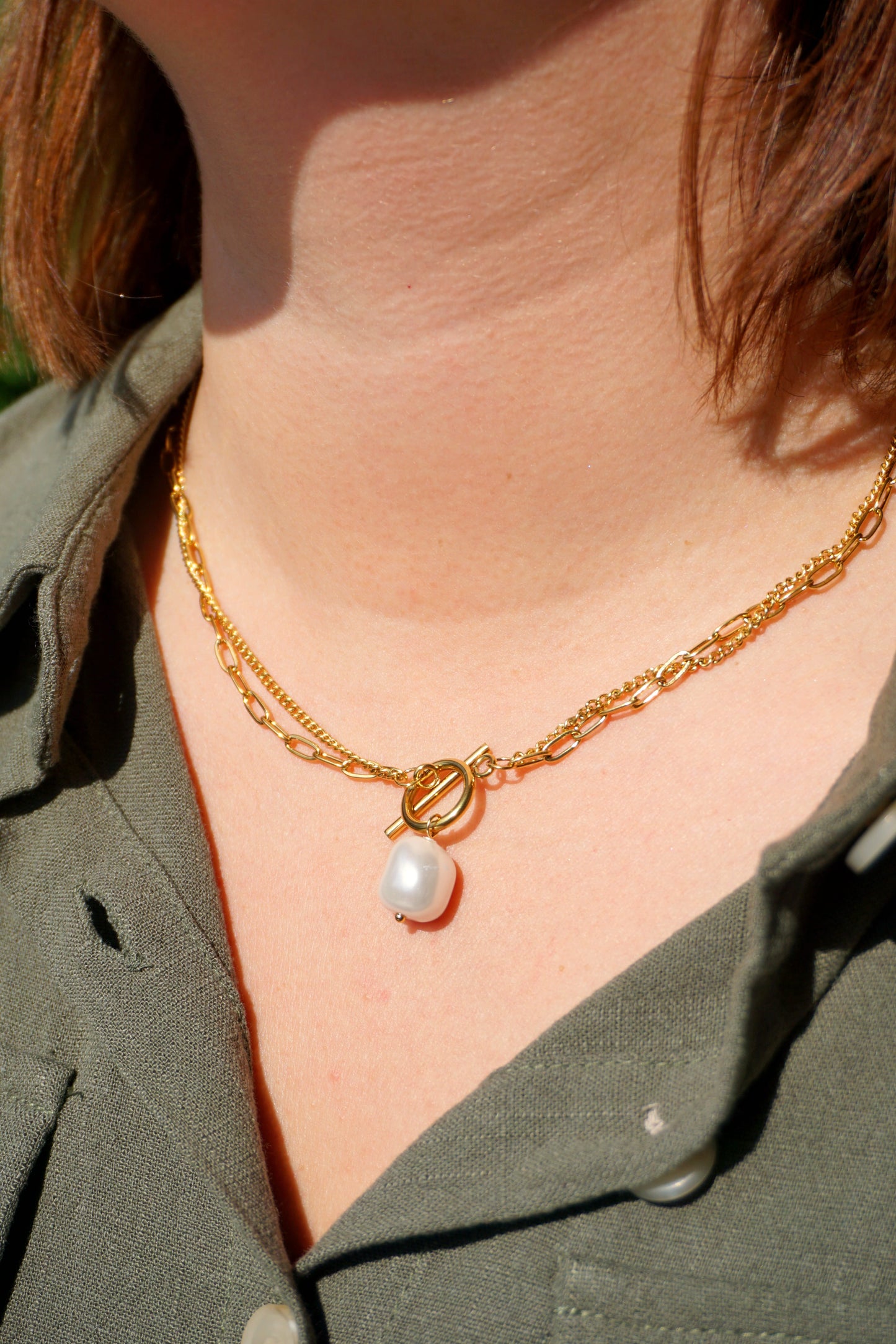 Gold pearl double pendant necklace