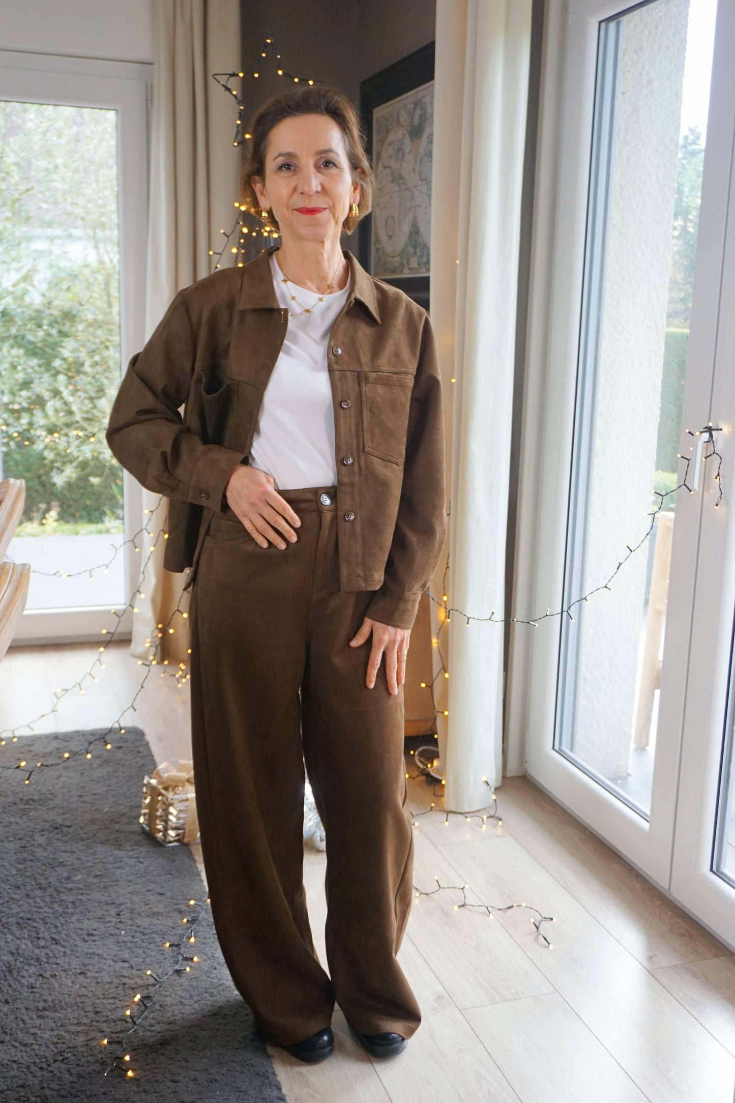 Ensemble effet daim chemise et pantalon