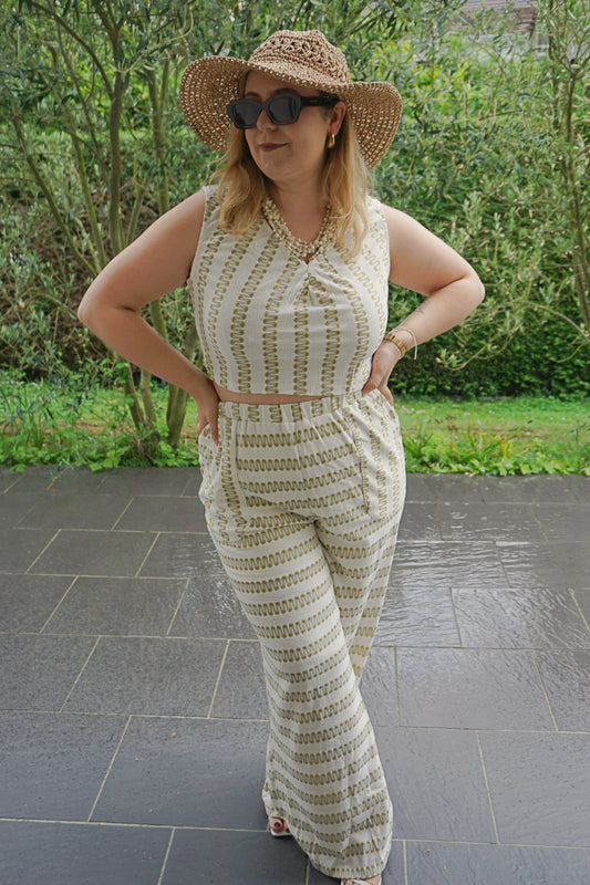 Ensemble top pantalon crème motifs ocres