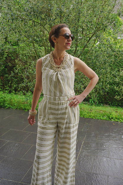Ensemble top pantalon crème motifs ocres