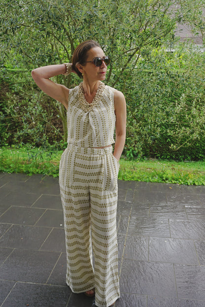 Ensemble top pantalon crème motifs ocres