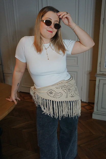 Foulard daim vegan beige à franges