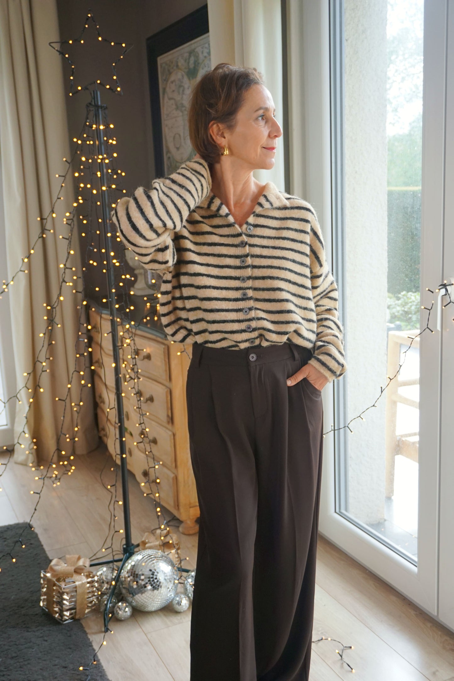 Gilet alpaga rayé taupe et noir