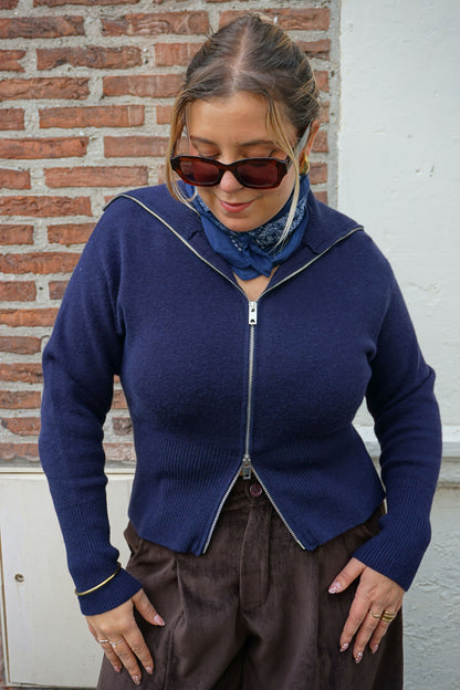 Gilet bleu marine zippé col camionneur