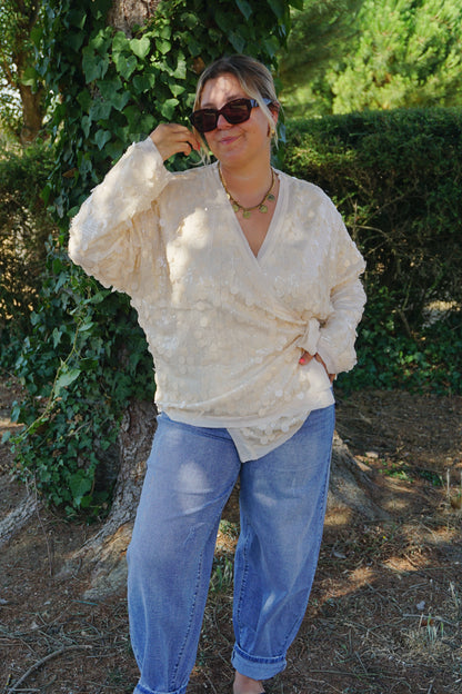 Gilet cardigan cache-cœur à sequins crèmes