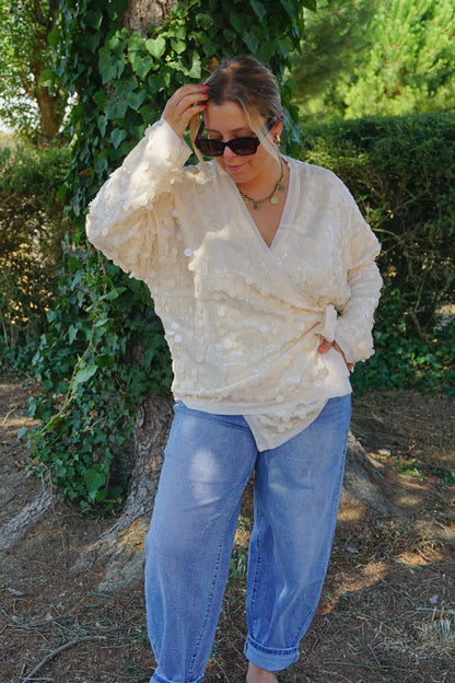 Gilet cardigan cache-cœur à sequins crèmes