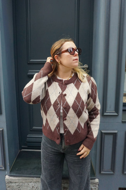 Gilet imprimé carreaux losanges marron