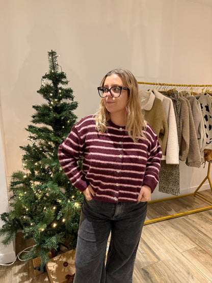 Gilet rayé bordeaux et rose