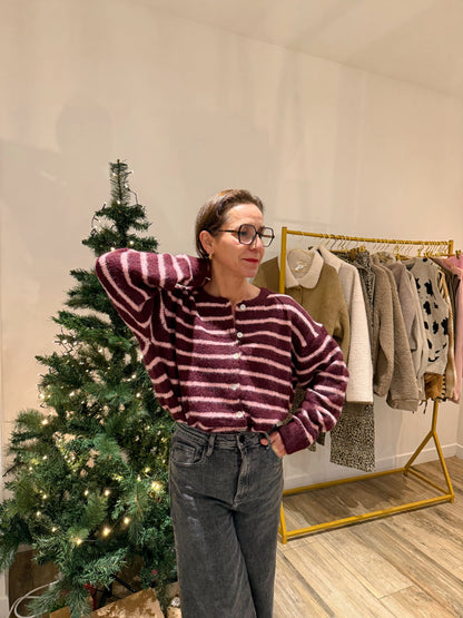 Gilet rayé bordeaux et rose