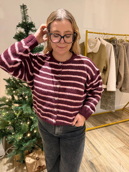 Gilet rayé bordeaux et rose