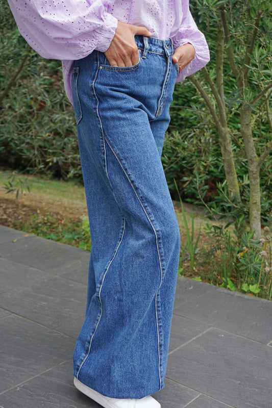 Jean wide leg bleu brut empiècement