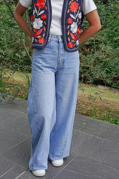 Jean wide leg bleu clair empiècement