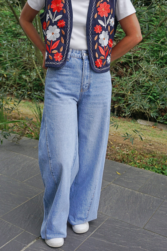 Jean wide leg bleu clair empiècement