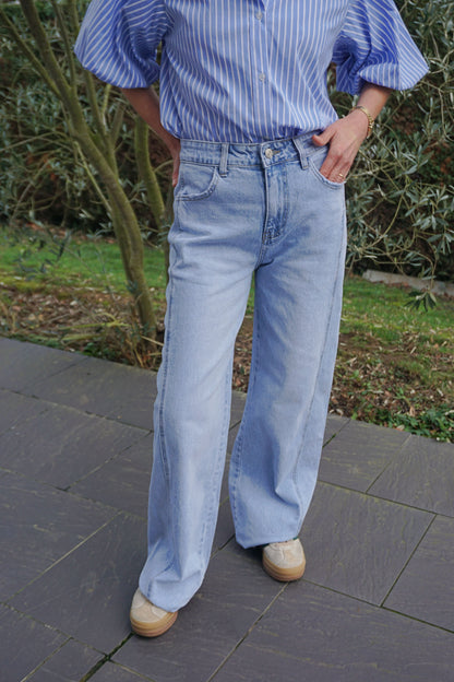 Jean wide leg empiècement bleu clair