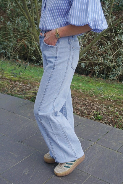 Jean wide leg empiècement bleu clair