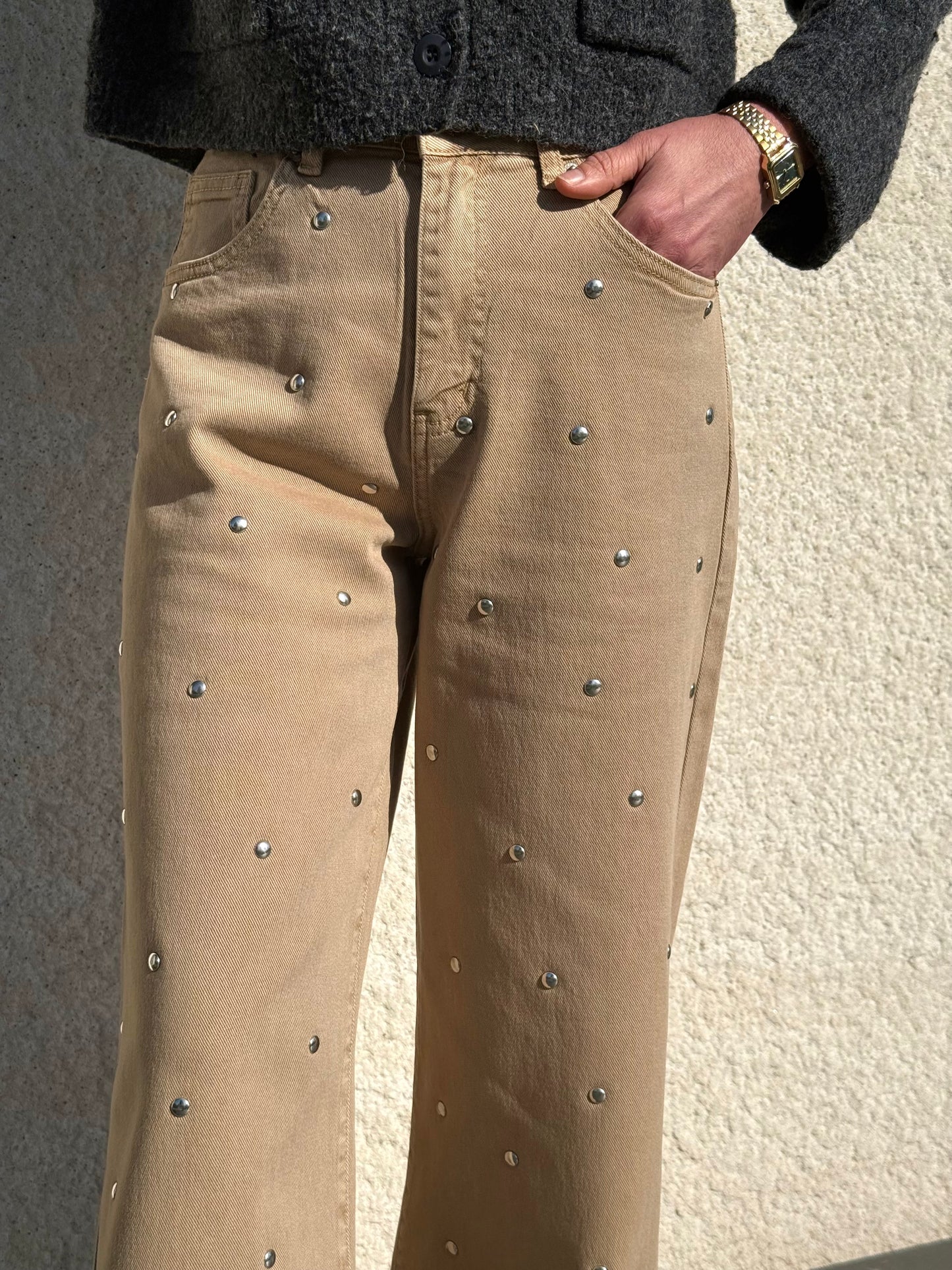 Jean wide leg taupe à clous