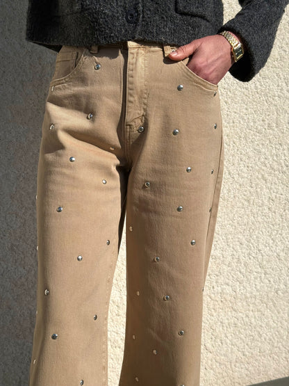Jean wide leg taupe à clous
