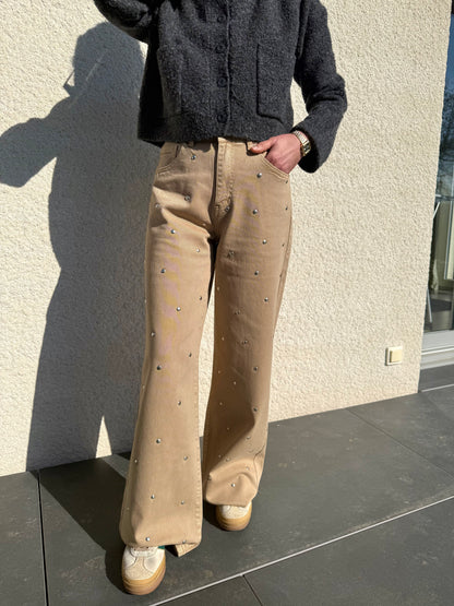 Jean wide leg taupe à clous