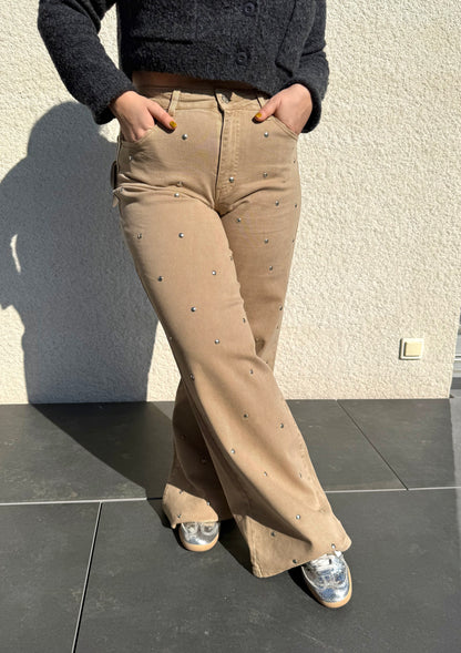 Jean wide leg taupe à clous