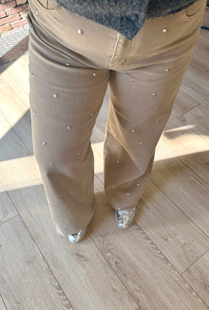 Jean wide leg taupe à clous