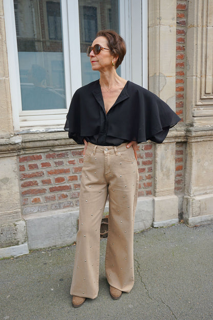 Jean wide leg taupe à clous