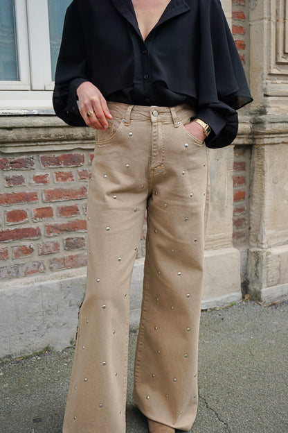 Jean wide leg taupe à clous