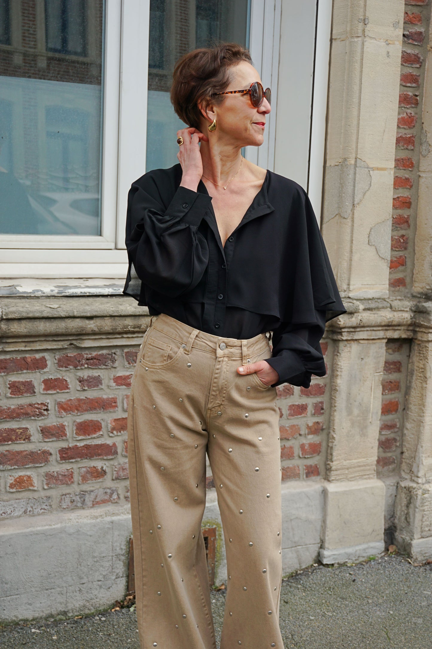 Jean wide leg taupe à clous