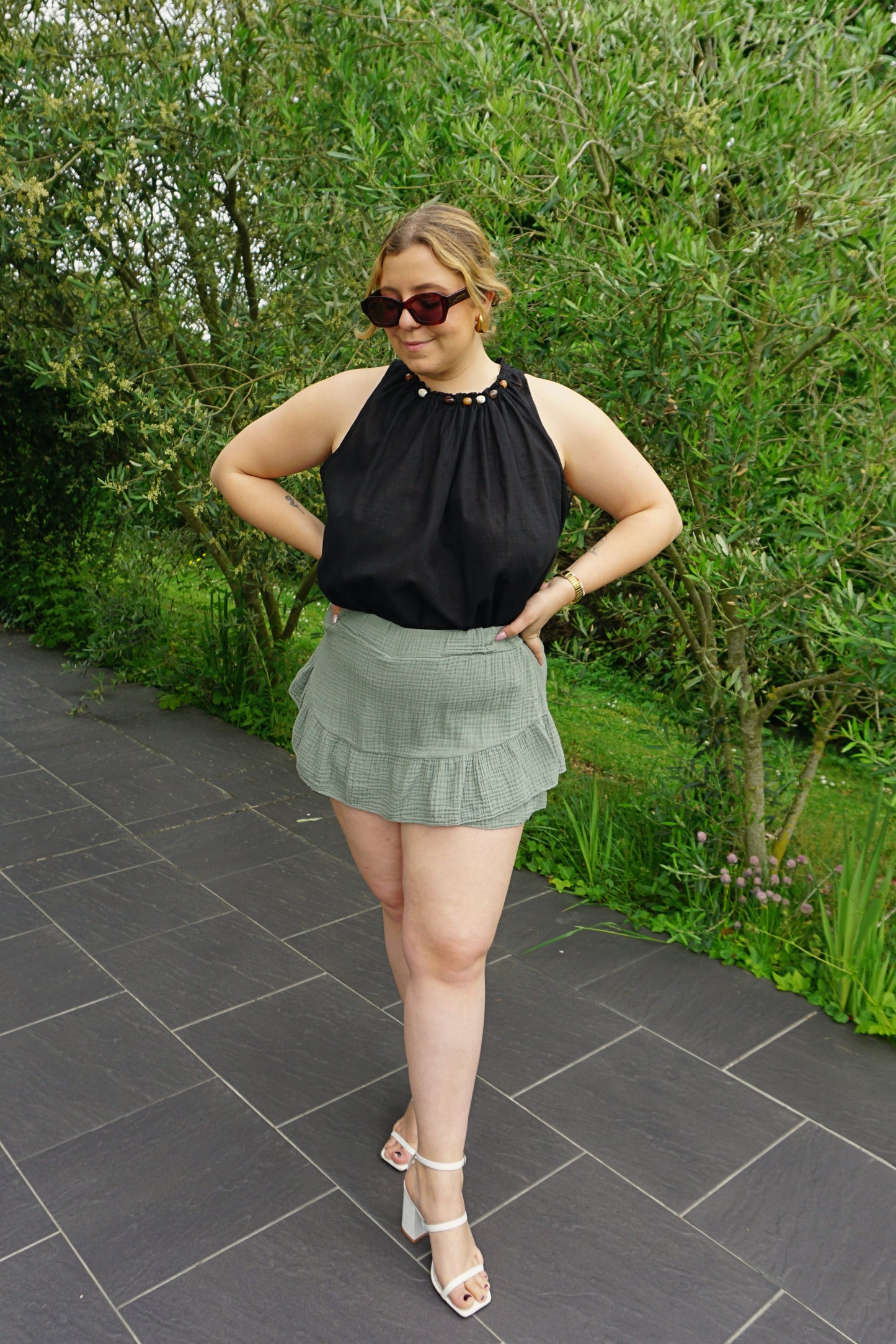 Jupe-short gaze de coton kaki