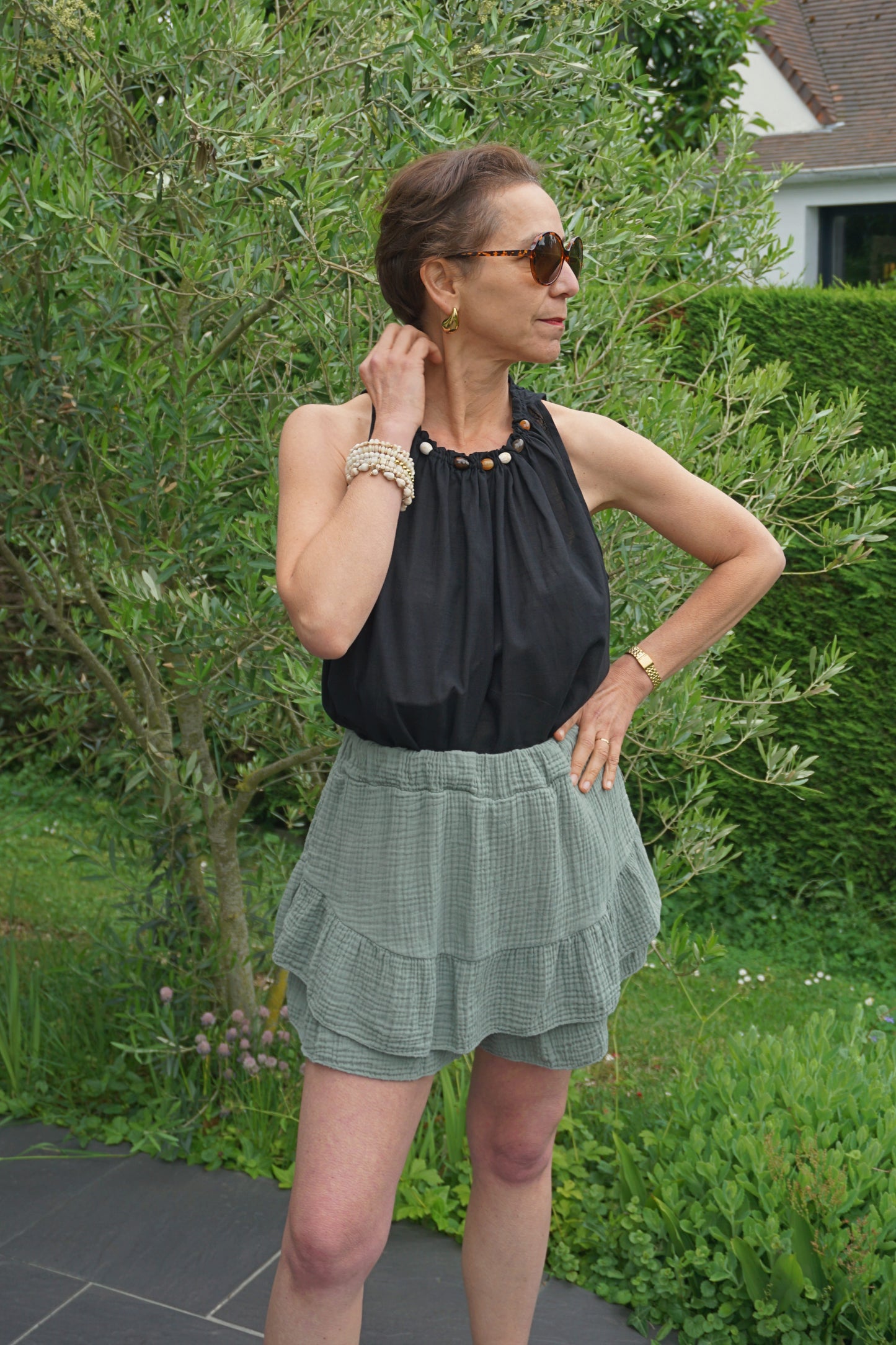 Jupe-short gaze de coton kaki