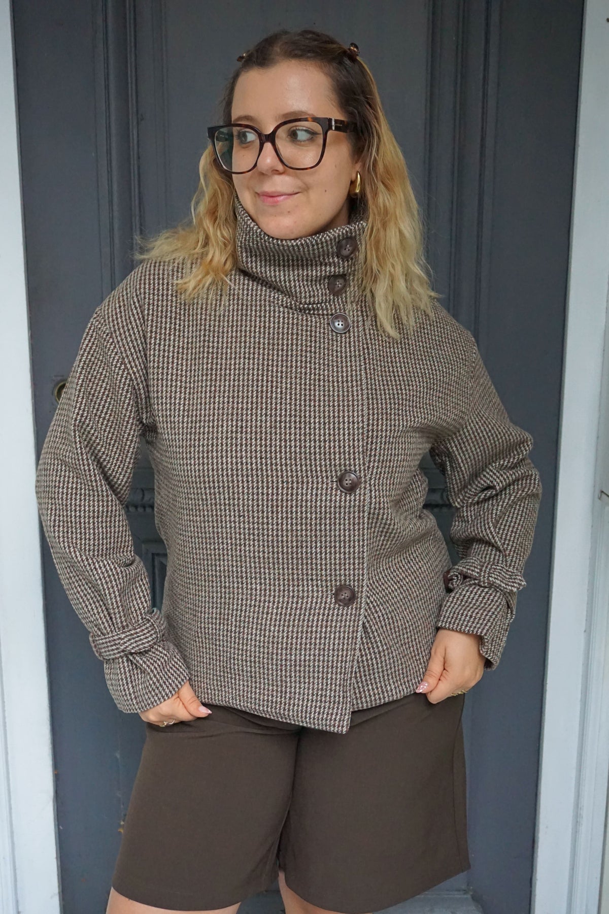 Manteau col montant motif pied de poule
