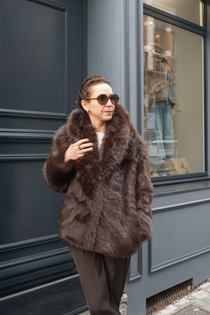 Manteau fausse fourrure marron capuche