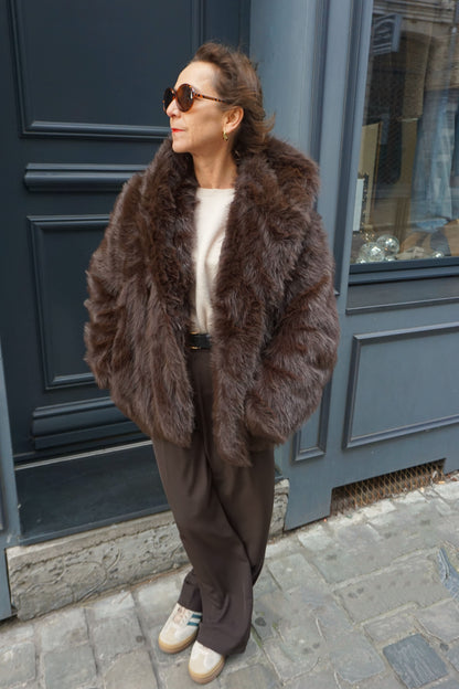 Manteau fausse fourrure marron capuche