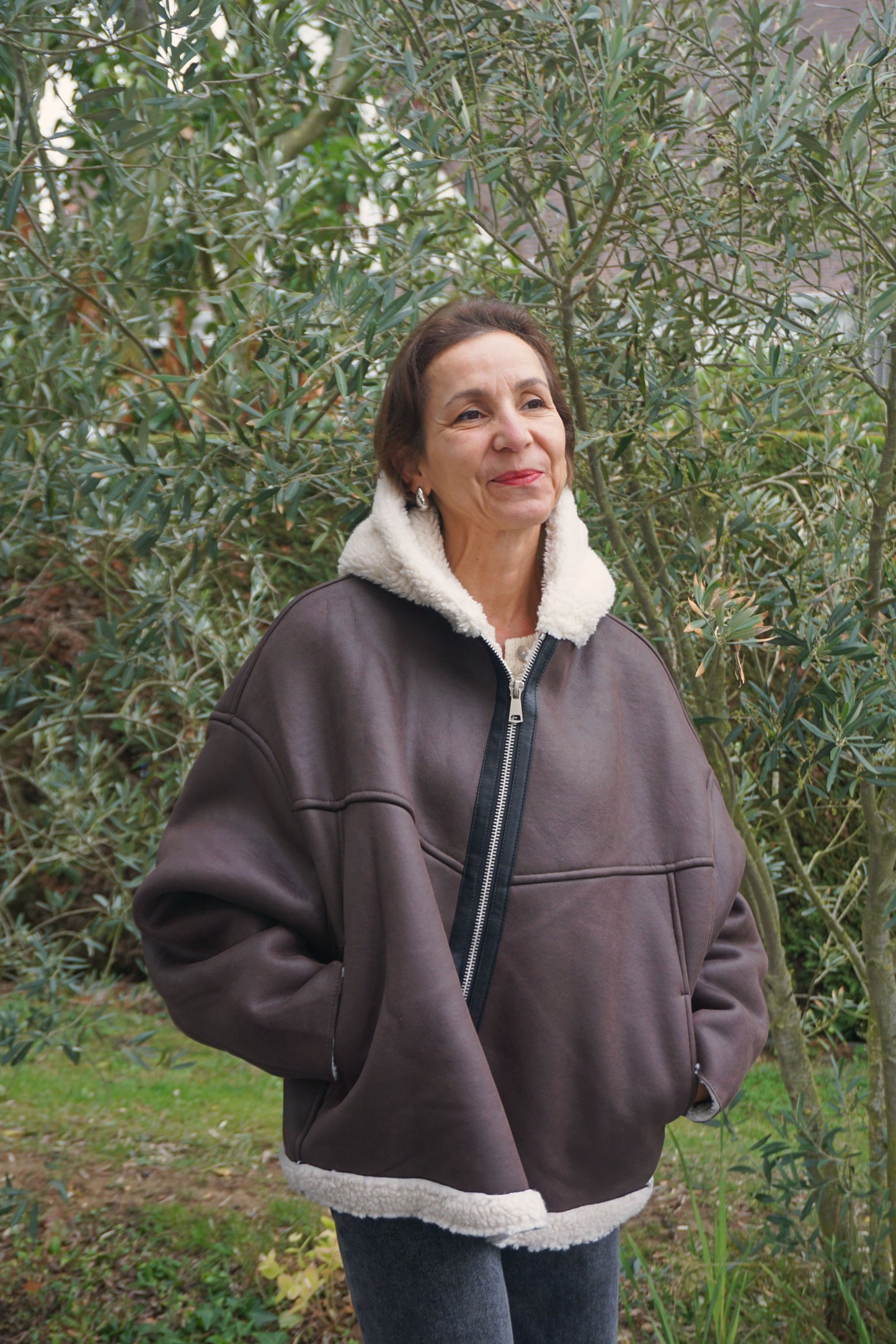 Manteau marron capuche teddy crème