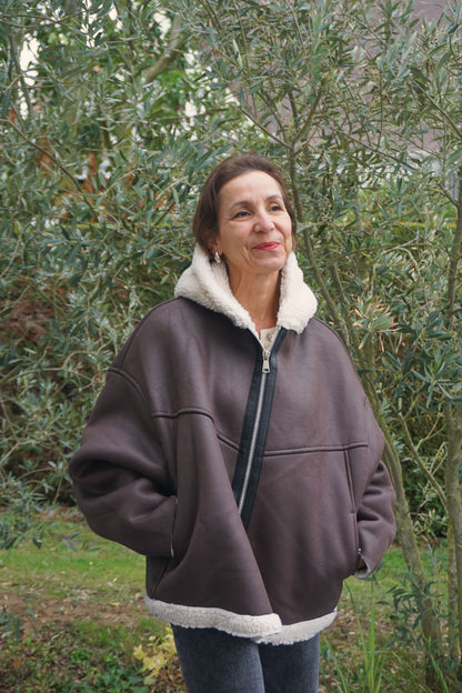 Manteau marron capuche teddy crème