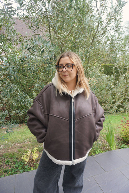 Manteau marron capuche teddy crème