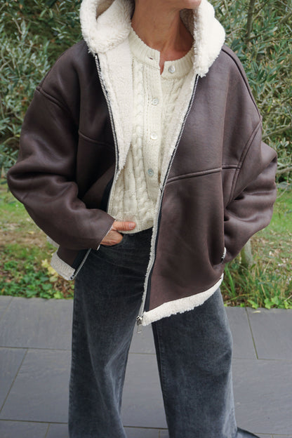 Manteau marron capuche teddy crème