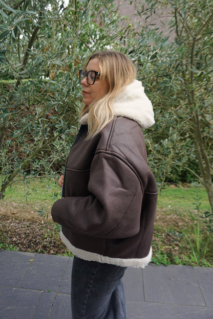 Manteau marron capuche teddy crème