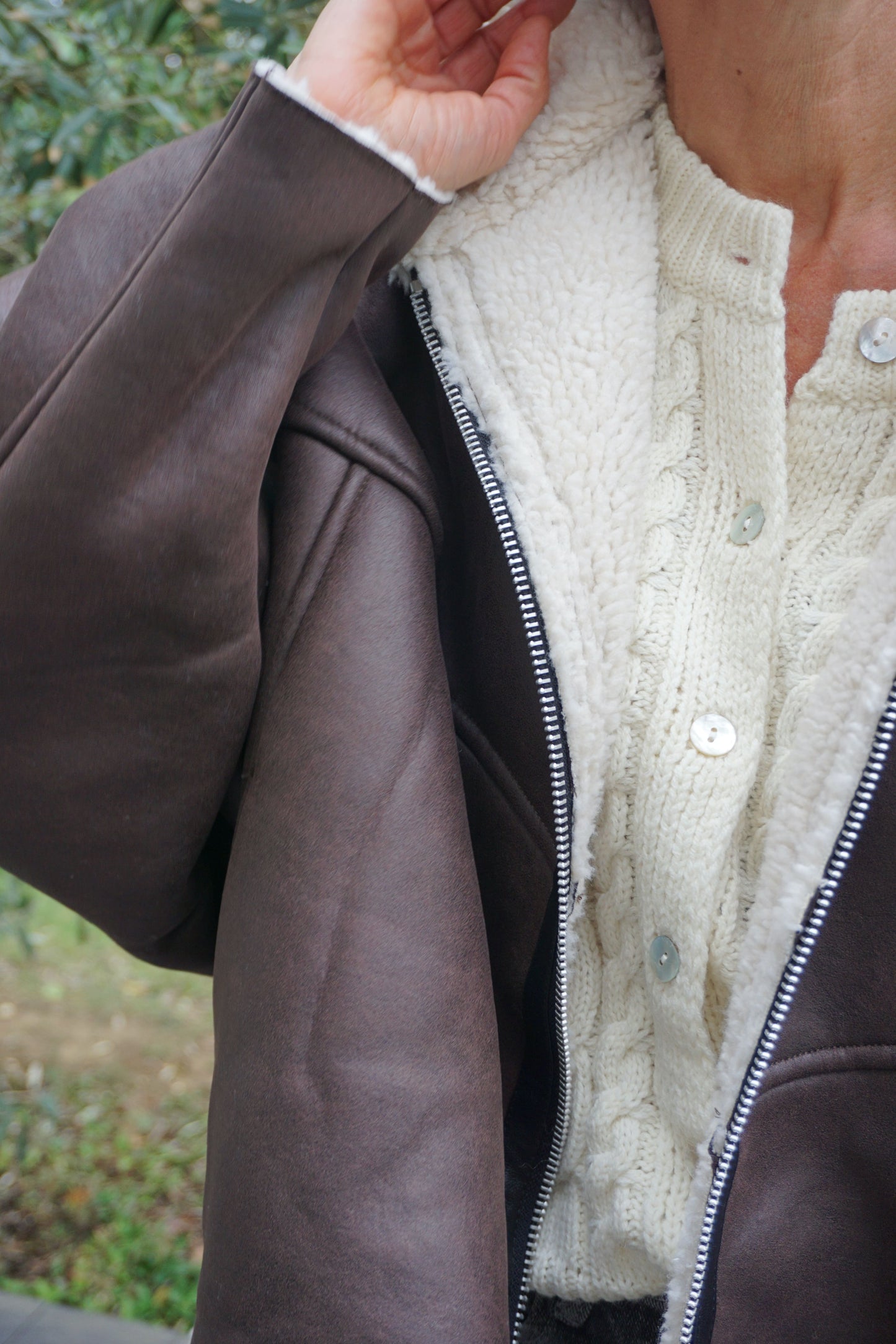 Manteau marron capuche teddy crème