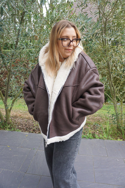 Manteau marron capuche teddy crème
