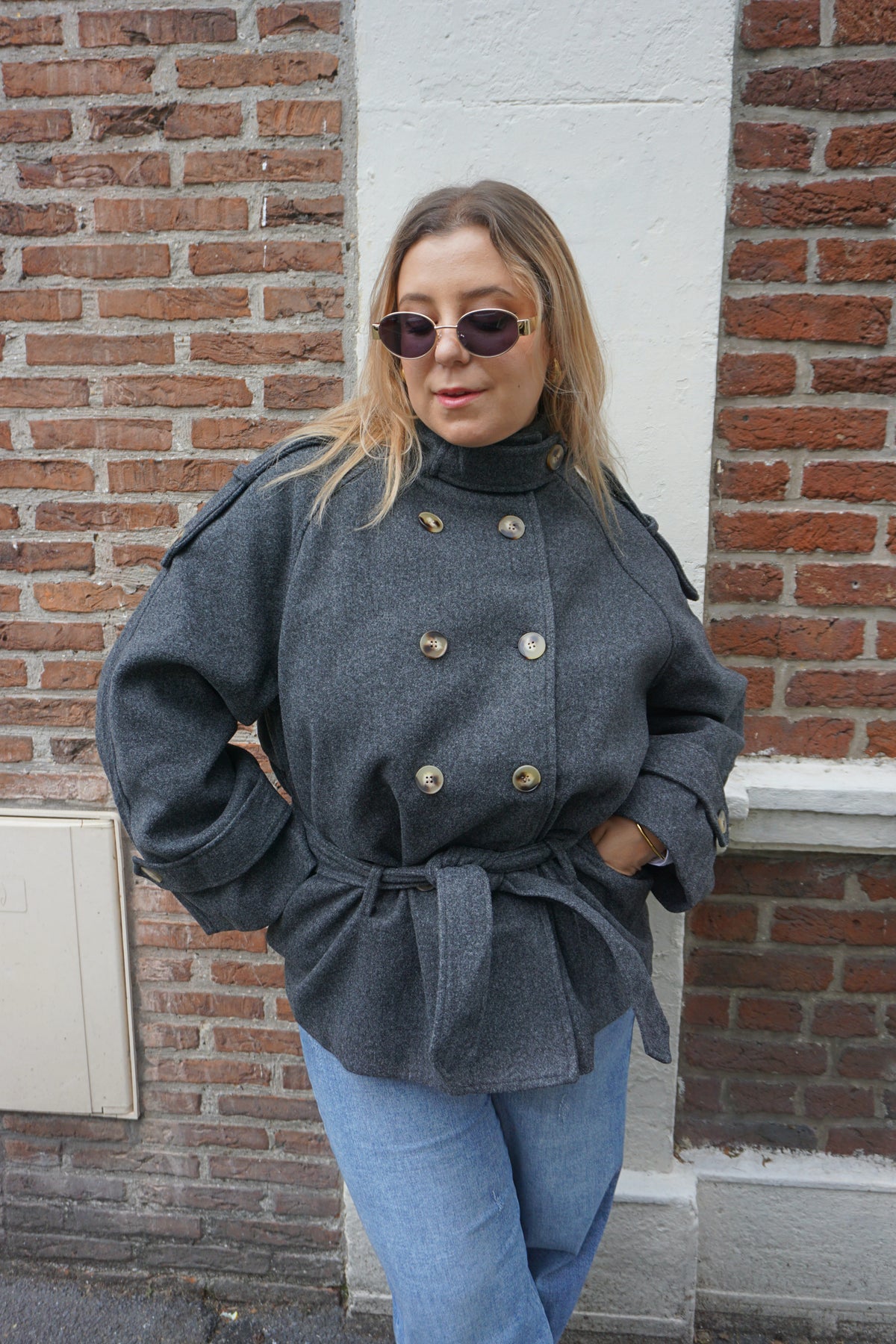Manteau style trench lainage gris