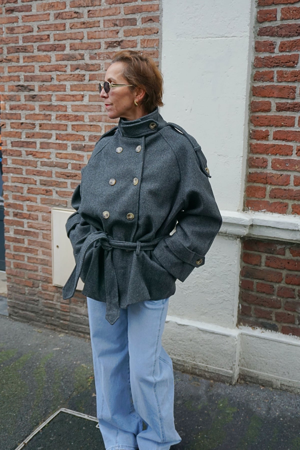 Manteau style trench lainage gris