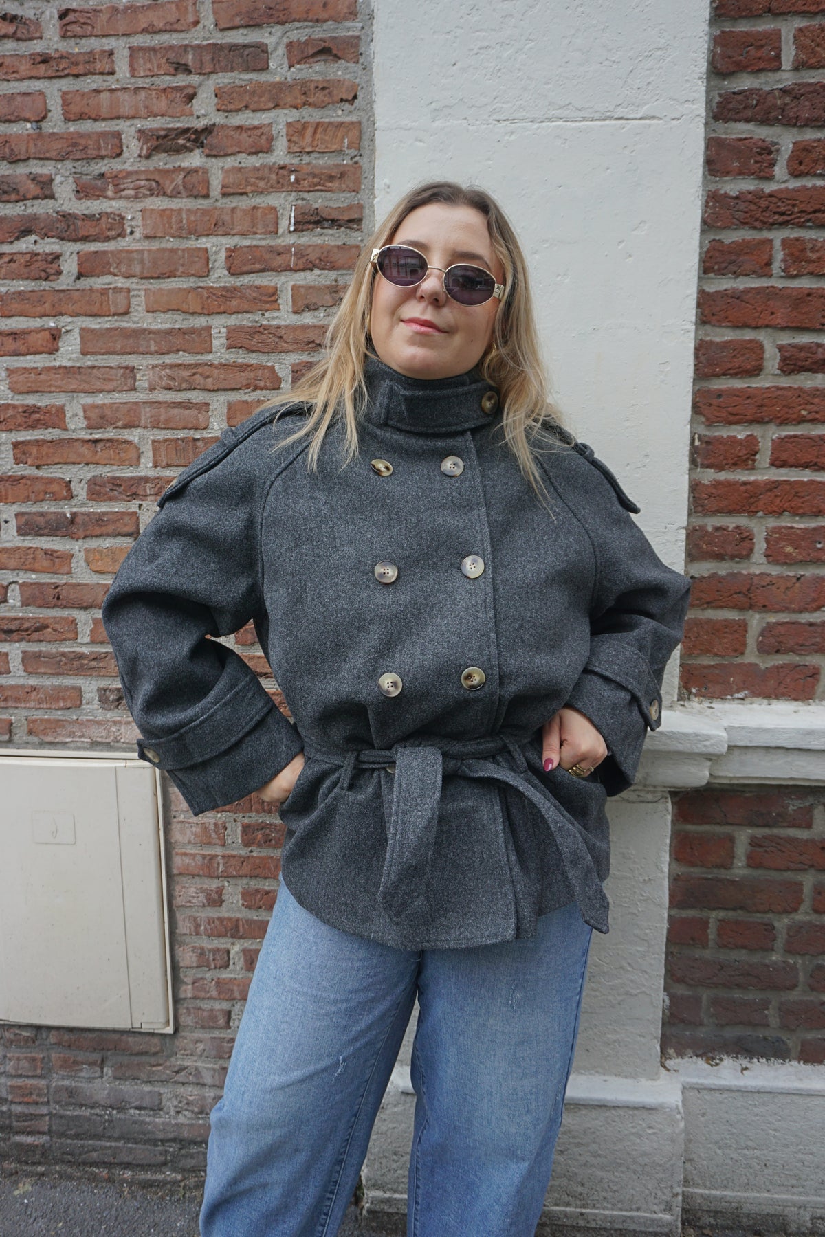Manteau style trench lainage gris