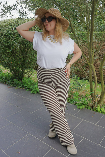 Pantalon crochet rayé marron et crème