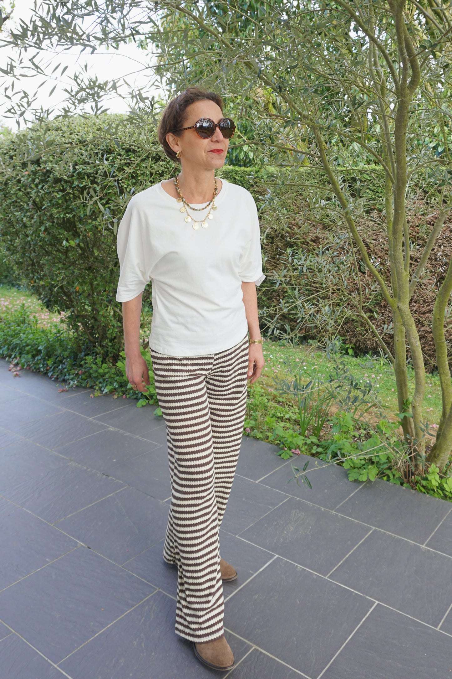 Pantalon crochet rayé marron et crème