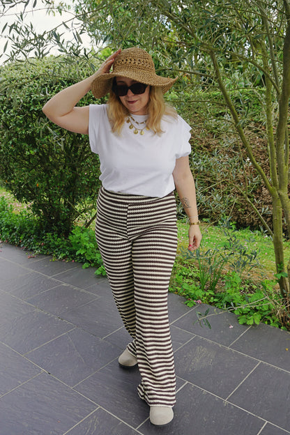 Pantalon crochet rayé marron et crème